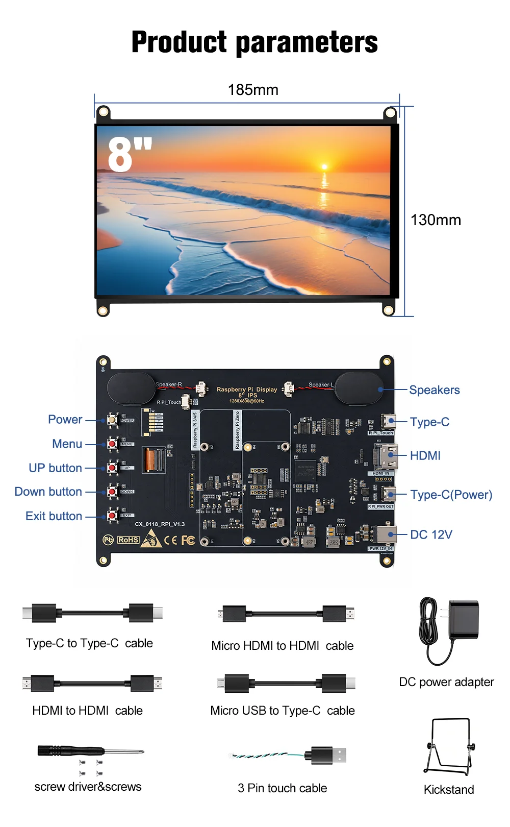 Raspberry Pi 5 7/8 Inch Screen, IPS TFT LCD HDMI Display Touch Screen Monitor 1024*600 1920*1200 HDMI Speaker for DIY Student