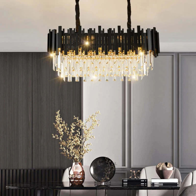 Lustre en cristal circulaire noir moderne en forme de bande, matériel de lustre suspendu au plafond en fil adapté au salon, 2025