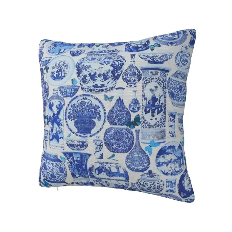 Modern Delft Blue Chinese Porcelain Vases Pattern Sofa Cushion Cover Polyester Antique Oriental Toile Pillow Case Home Decor