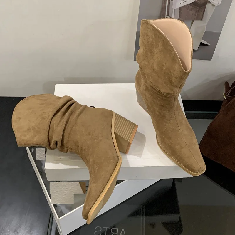 

Aneikeh модные дизайнерские плиссированные женские ботильоны на квадратном низком каблуке, лаконичные весенне-осенние вечерние модельные женские туфли