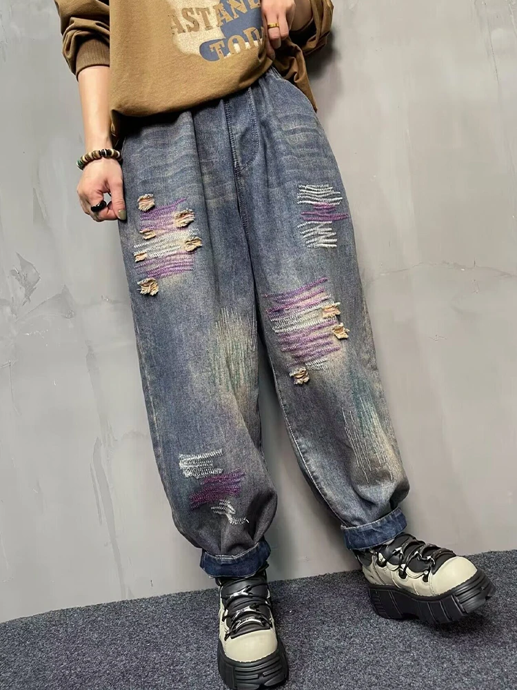 Max LuLu Autumn Fashion Ripped Jeans 2023 Womens Loose Embroidery Denim Pants Ladies Casual Vintage Elastic Punk Harem Trousers