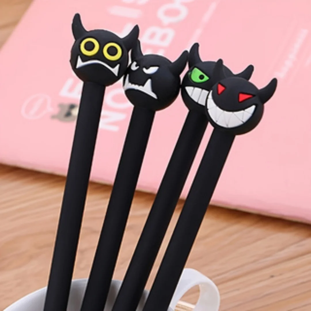 

4pcs 3D Little Devil Design Cartoon Soft Silicone Pen Caps 0.5mm Black Ink Smooth Writing Pen, Student Back to School Gift