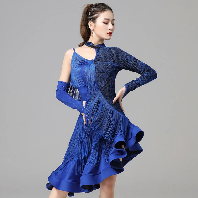 Robe boucles de doigts strass manches filles franges Costume une pièce robes de concours de danse latine femmes Salsa Samba fronde