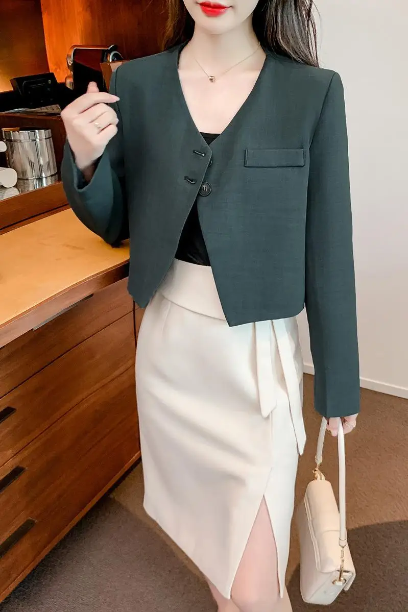 Blazer décontracté rétro à manches longues pour femme, manteau à col en V, veste trempée à simple boutonnage, manteau français monochrome, printemps et été