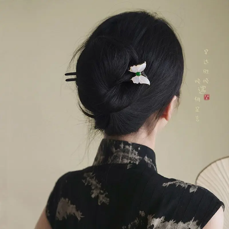 1pc Chinese style butterfly shell mother U-shaped hairpin, feminine temperament, braided hairpin, qipao hair accessory, hairpin