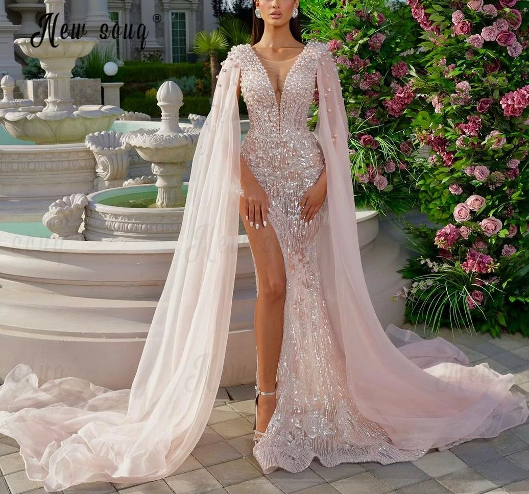 Baby Pink Deep V Neck Full Pearls Evening Dress With Long Cape Sleeve Luxury Side Split Wedding Dinner Night Gowns Custom Made