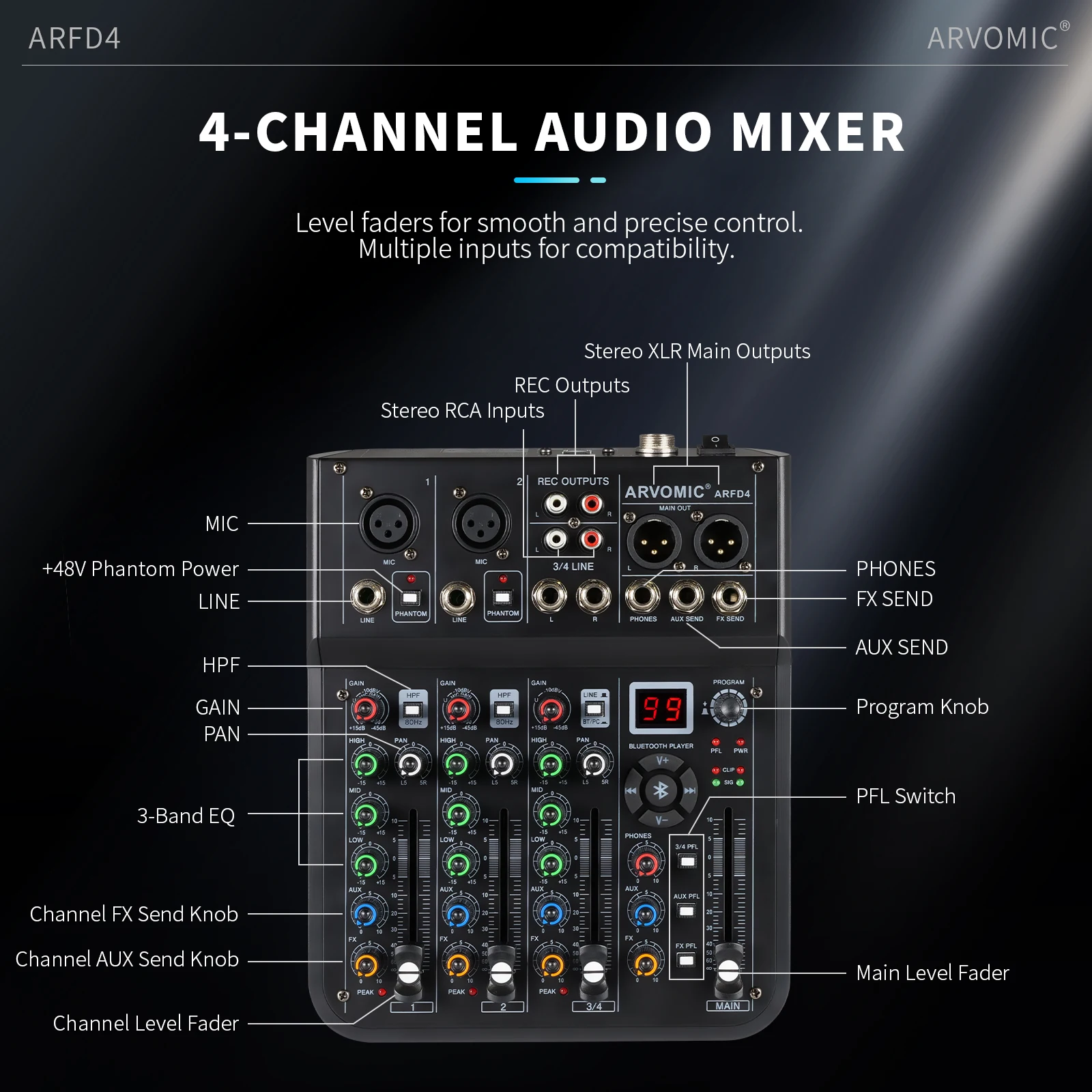 Do Brasil Mixer de áudio de 6 canais ARVOMIC DJ Mixer com interface de áudio USB, função Bluetooth, 16 efeitos DSP e equalizador de 3 bandas (ARMX-6)