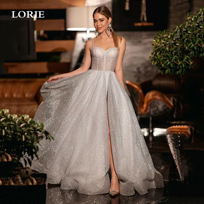 

LORIE Sliver Wedding Dresses Sparkling Glitter Tulle Spaghetti Strap Bride Dress Vestidos de novia Sexy Side Split Wedding Gown