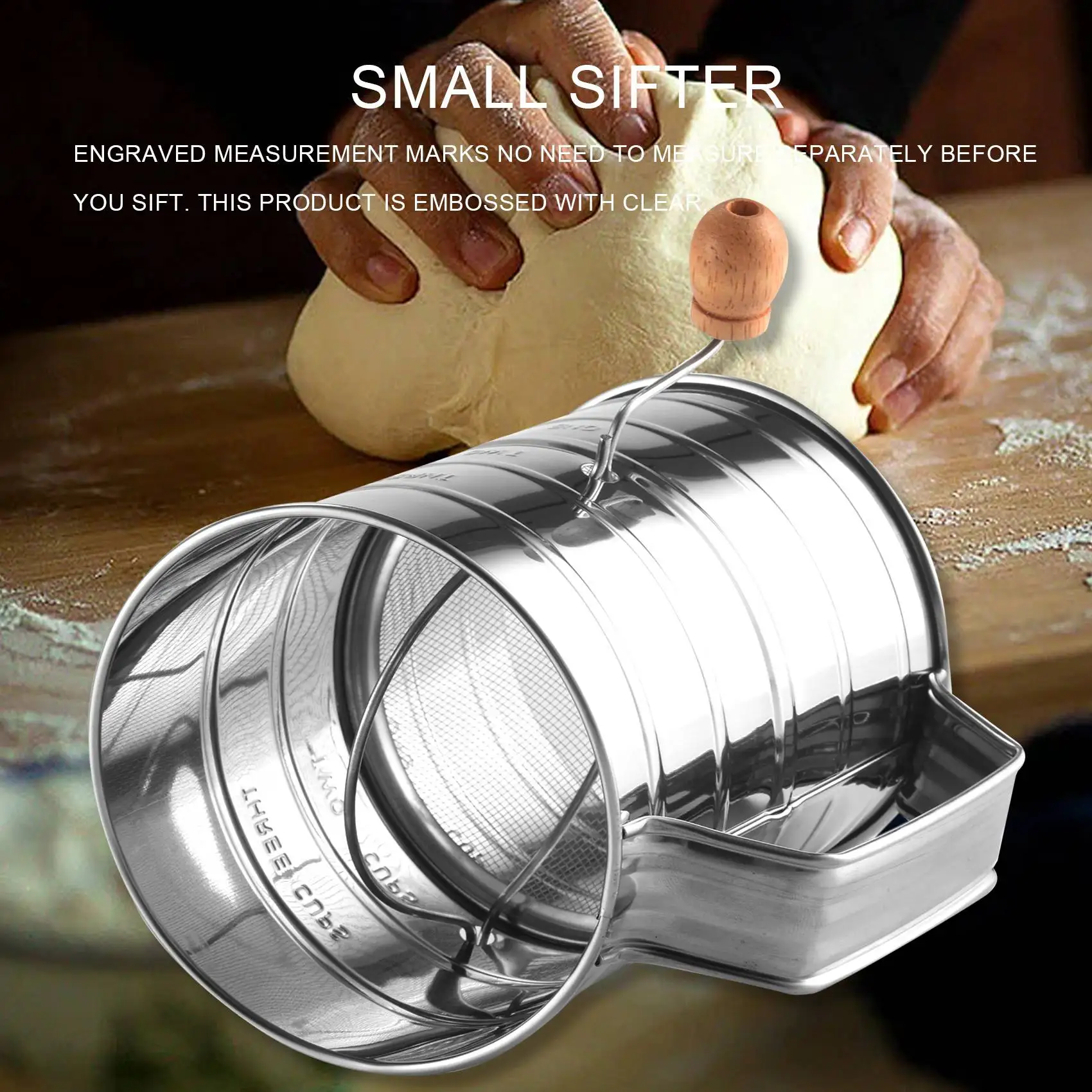 ABJI-3 Cup Stainless Steel Flour Sifter - Fine Mesh Rotary Hand Crank Flour Sifter With Agitator Wire Loop For Baking Cakes