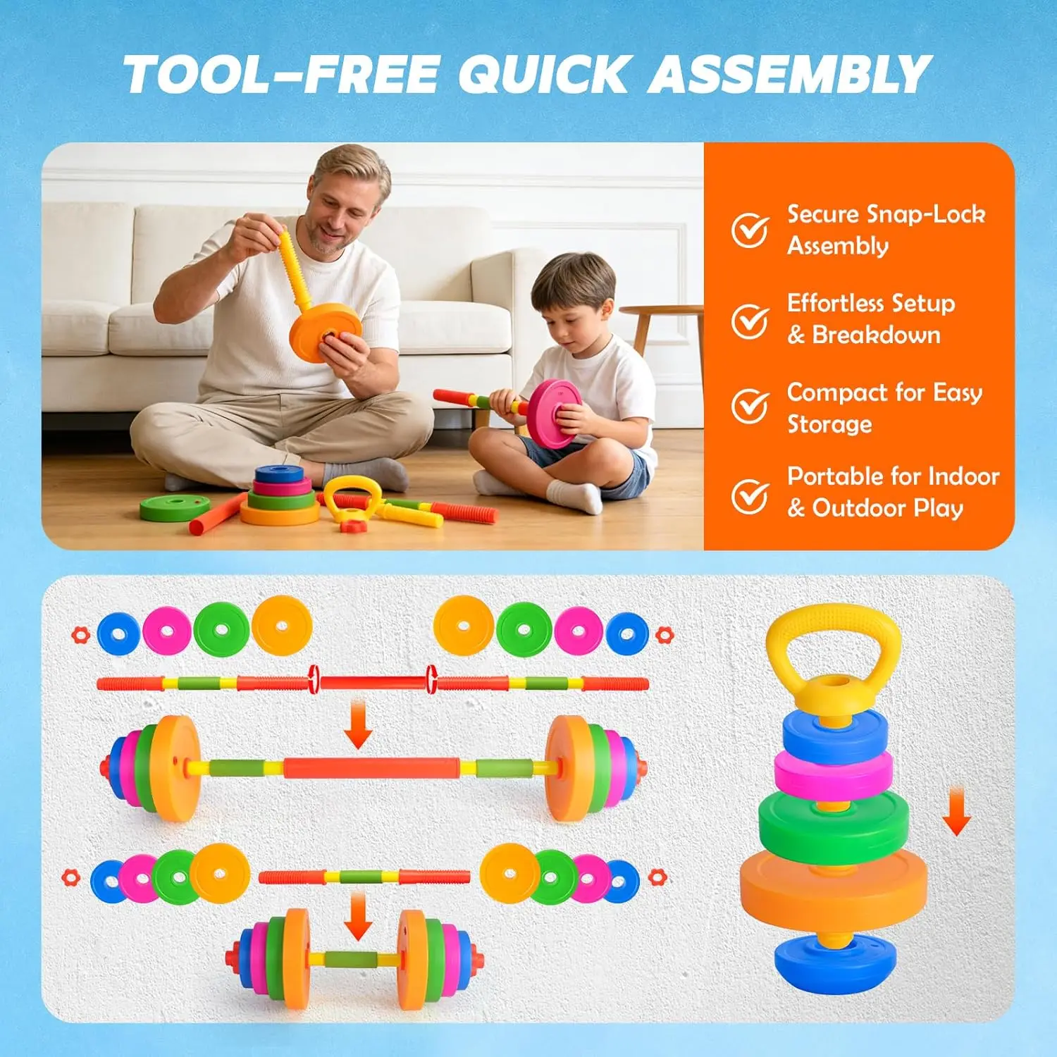 Kids Adjustable Barbell Dumbbell Toy Fillable Plastic Weight Set Toddler Arm Strength Training Fitness Sensory  Sport Toy - view 3