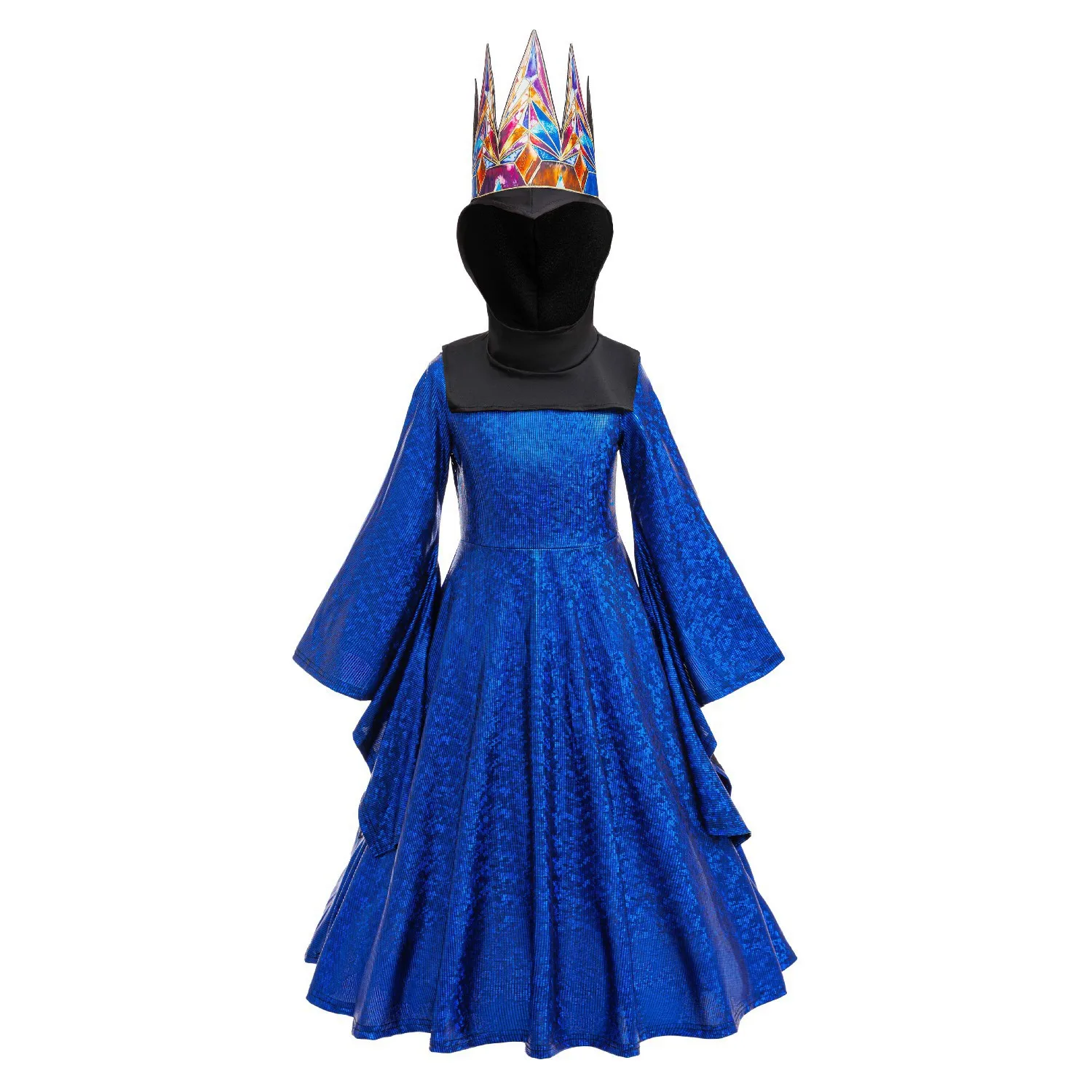 Kids Evil Queen Halloween Costume Girls Shiny Blue Gown Black Cloak Colorful Crown for Stage Performance Themed Party Dress Up