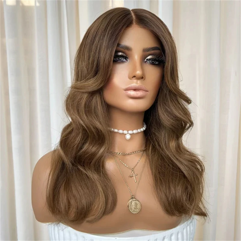 Luxury Wig Middle Part Ombre Caramel Brown Blonde Synthetic HD Lace Front Wig Premium Fibre Ladies Wig for White Black Women