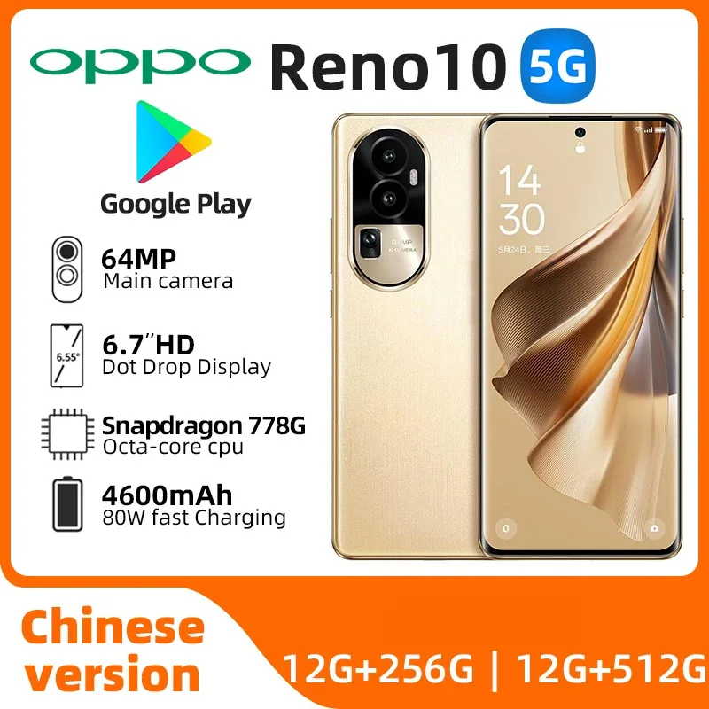 Oppo-reno 10携帯電話,oled,snapdragon 778g,nfc,64mpカメラ,4600mahバッテリー,6.7in, 80w supervooc,5g