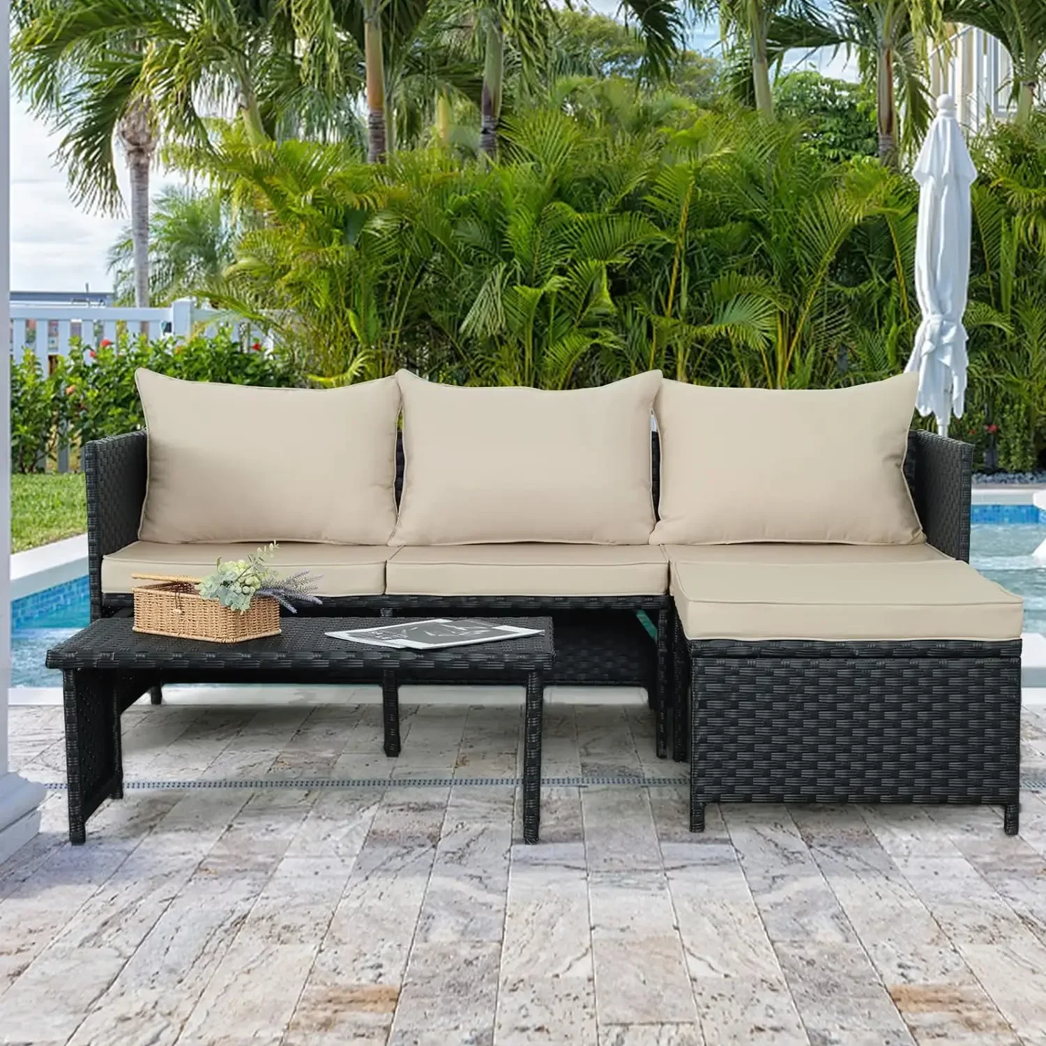 

y 3/5-Piece Outdoor PE Rattan Furniture Set Patio Black Wicker Conversation Loveseat Sofa Sectional Couch Khaki Cushion outdoor