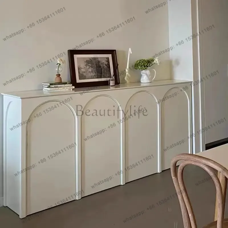 

12Nordic Cream White Solid Wood Side Cabinet Porch Arched Door Locker