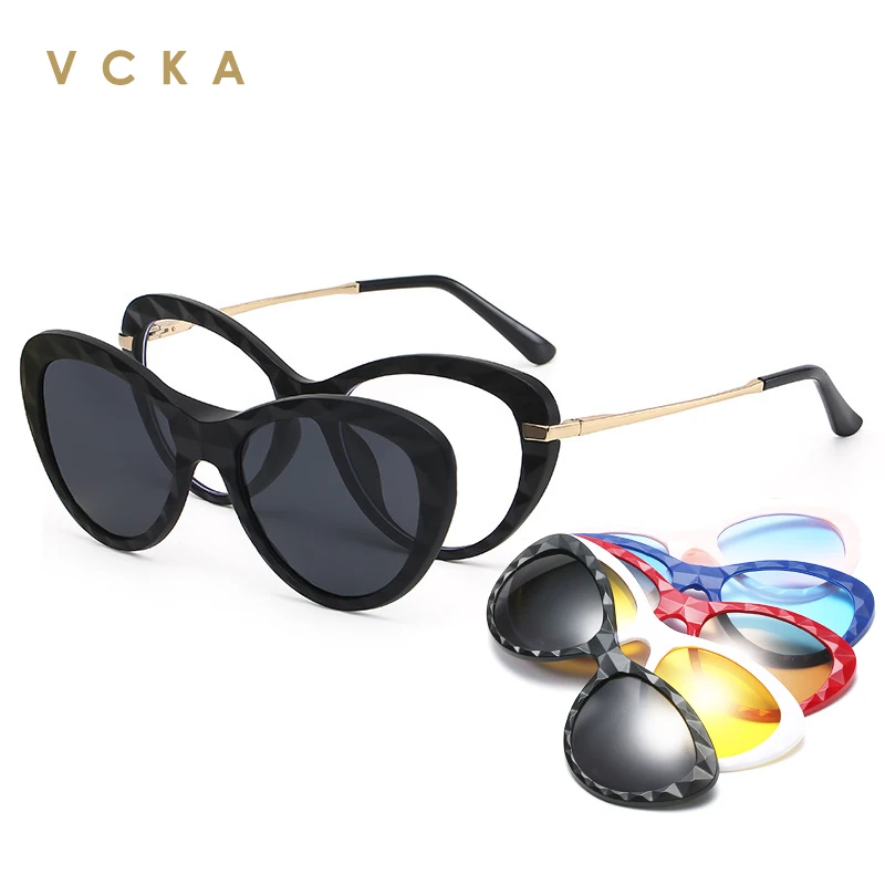 VCKA Cat Eye Prescription Glasses Myopia -0.5 to -10 With Fashion  Magnet Clip Customize Sunglasses Men Women Short Sighted