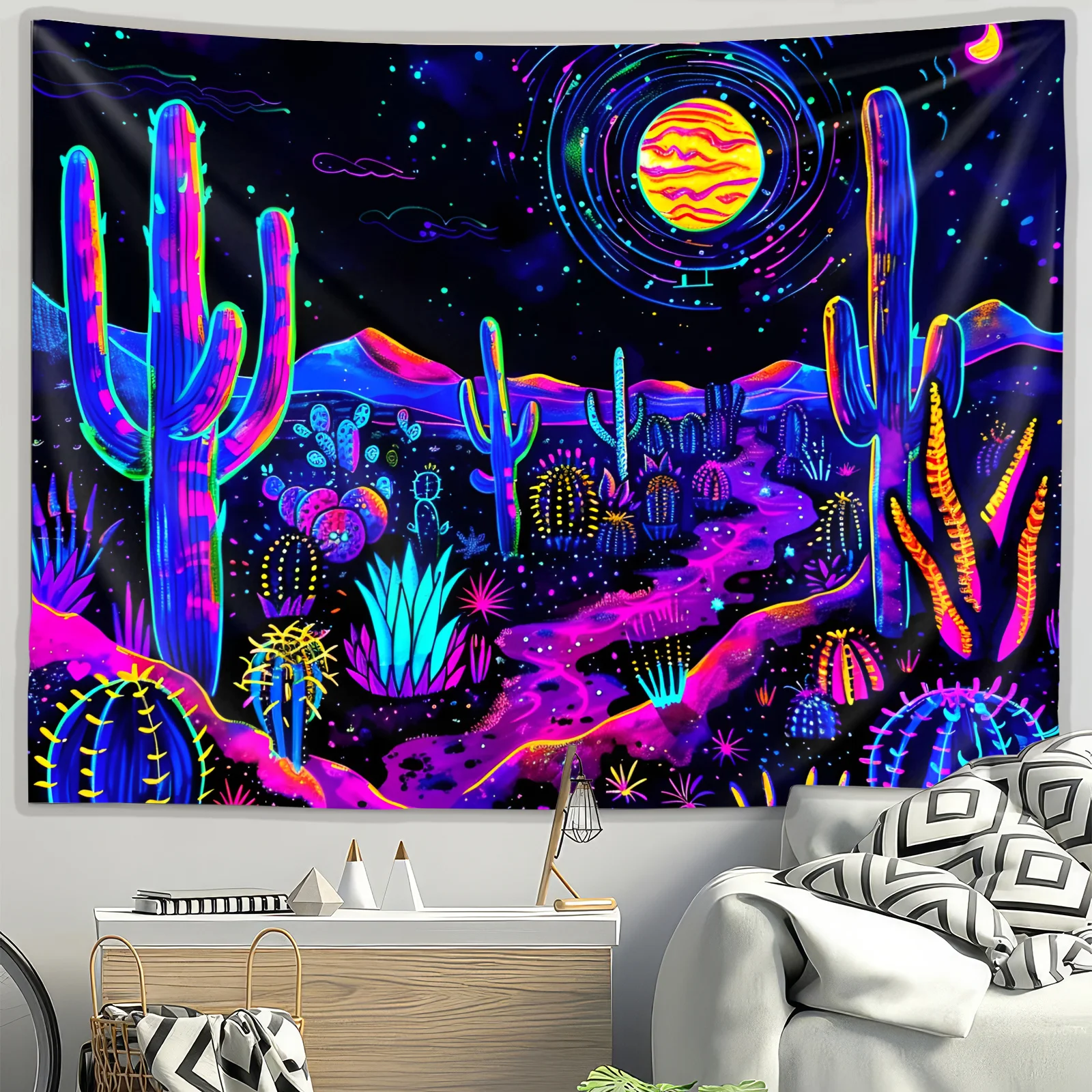 VIKAMA Cthulhu Wüsten-Wandteppich, Kaktus, Stern, Mond, schillerndes Fantasy-Schlafzimmer-Thema, Gaming-Raum, Sci-Fi-Enthusiasten, Wohnzimmer
