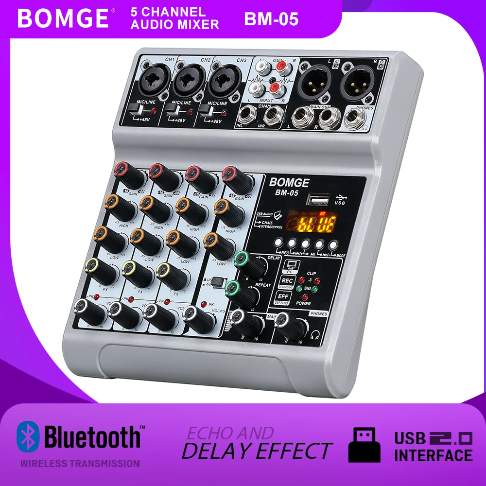 Audio Interface - BOMGE 5-Kanal-Audiomixer, tragbares DJ-Karaoke-Mischpult mit USB-Schnittstelle,