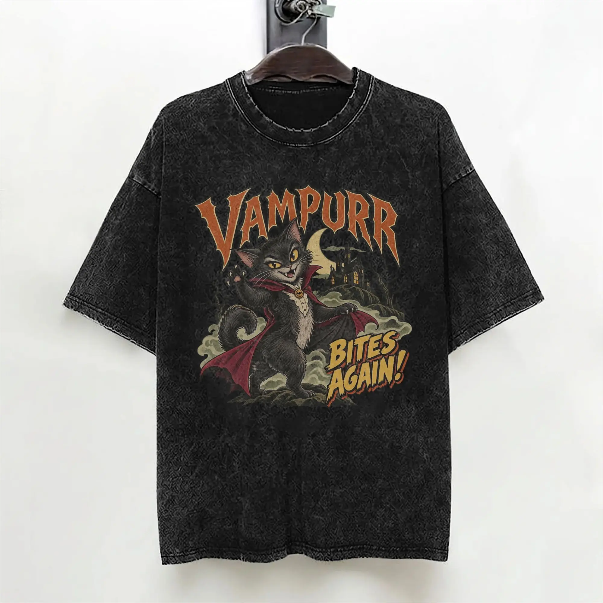 Vampurr Bites Again Halloween Vampire Cat Washed T Shirts Streetwear T-Shirt Tees for Men Women Cotton Harajuku Graphic Printed