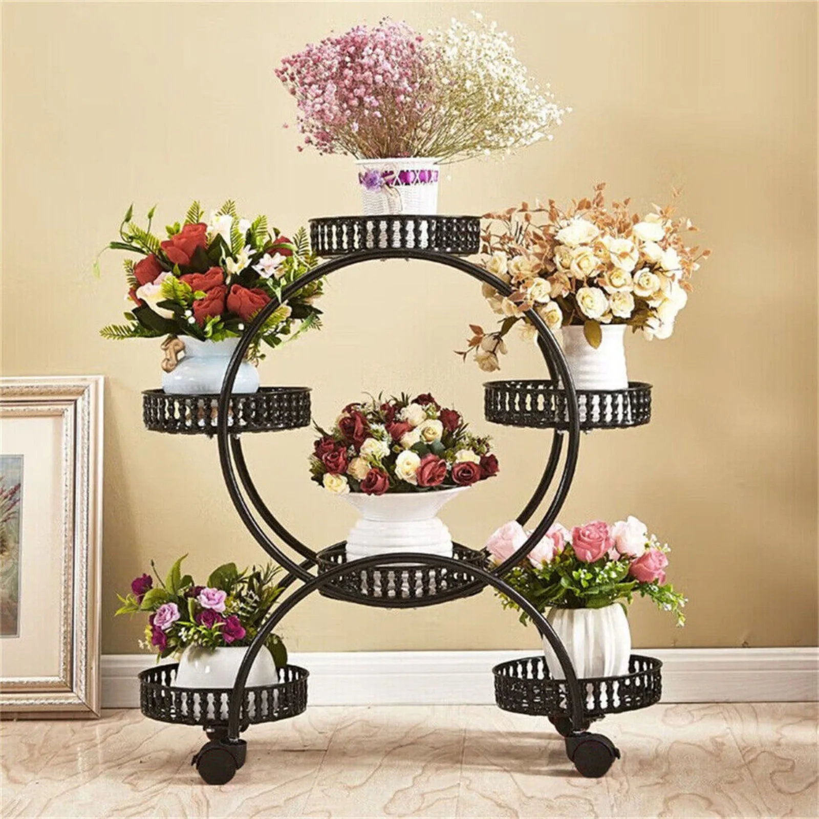 

US 31 inch high movable heavy metal plant stand with wheeled flower pot display stand-