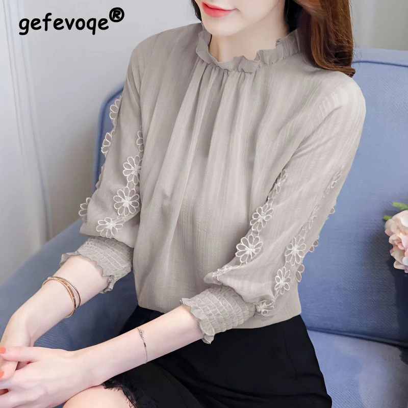 Women Korean Fashion Ruffle 3D Lace Flower Blouses Elegant Chic Commute Loose Chiffon Shirts Female Solid O Neck 3/4 Sleeve Tops