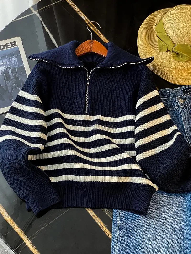 Garaouy 2023 Women Vintage Striped Jumper Casual Sweater Navy Neck Long Sleeve Female Autumn Winter Warm Knit Pullover Tops