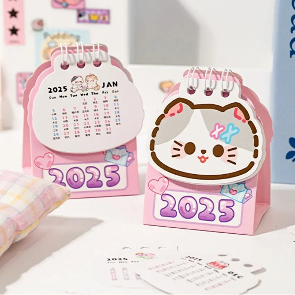 Cute 2025 Mini Desk Calendar Coil Planner Cartoon Cat Desktop Calendar Daily Organization To Do List 2025 Coil Calendar School