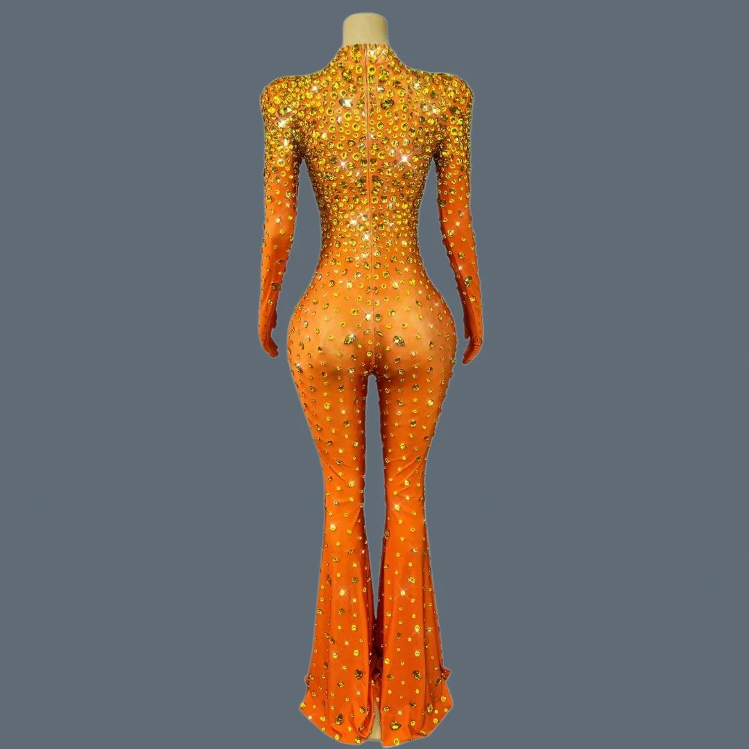 Women Luxury Sparkly Crystals Tight Fitting Jumpsuit Nightclub Dance Stage Performance Bell-bottoms Show Sexy Outfit Dashuijing