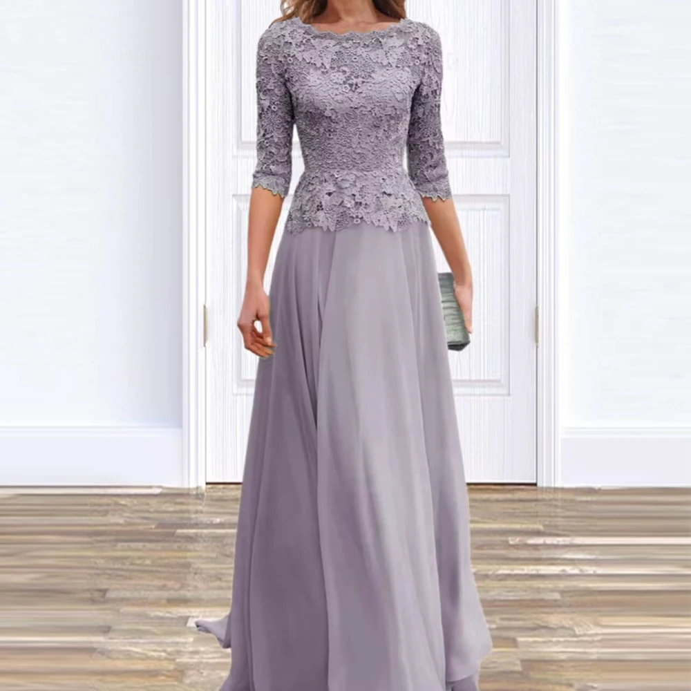 Customized  Lace Appliques Mother Of The Bride Dress For Wedding Boat Neck Chiffon Half Sleeves Formal Wedding Party Dresses