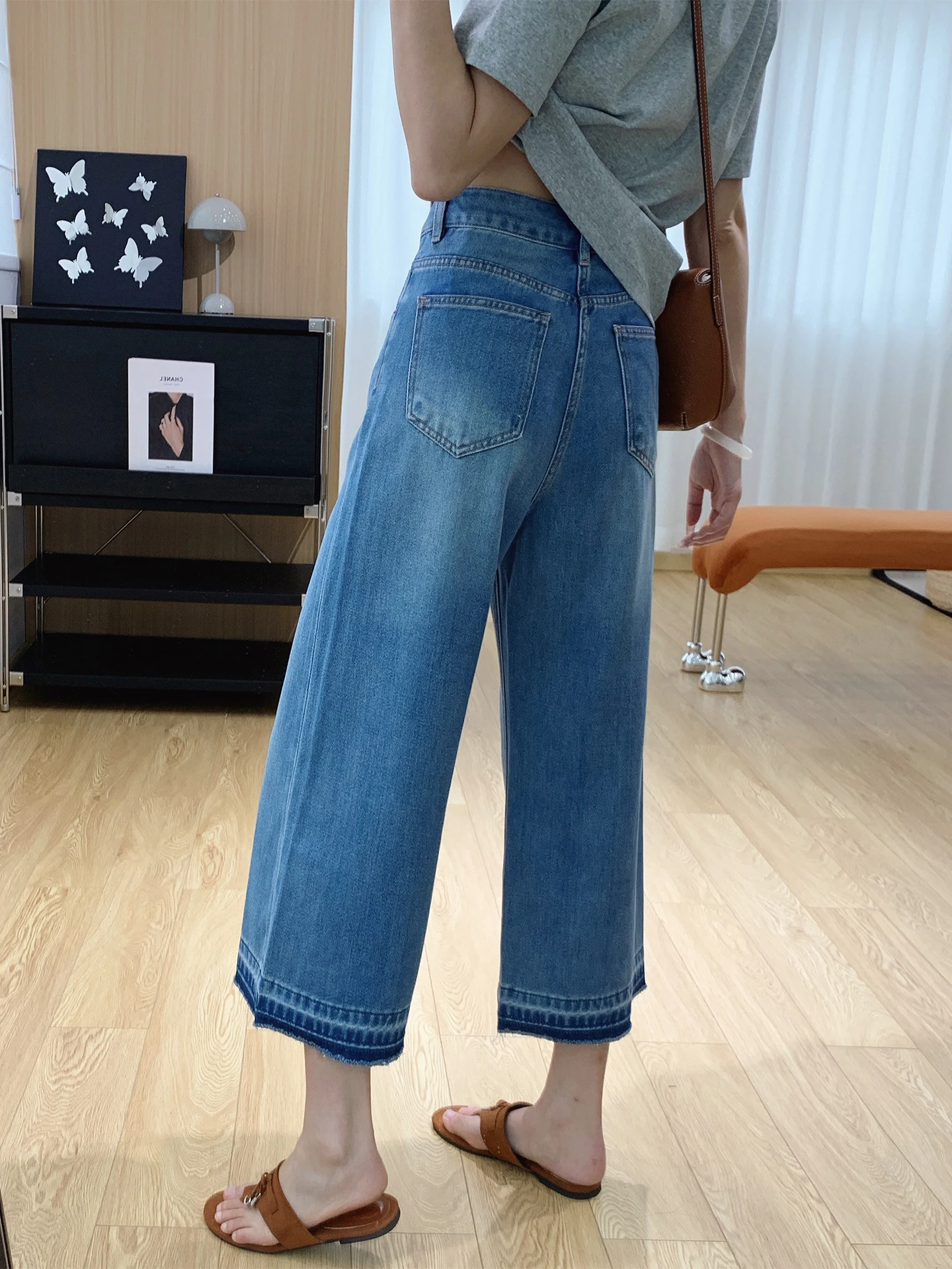 

High Waist Ruffle Hem Skinny Jeans Women's Summer Thin Cotton Straight Leg Wide Leg Pants Loose Fit Ladies Jeans
