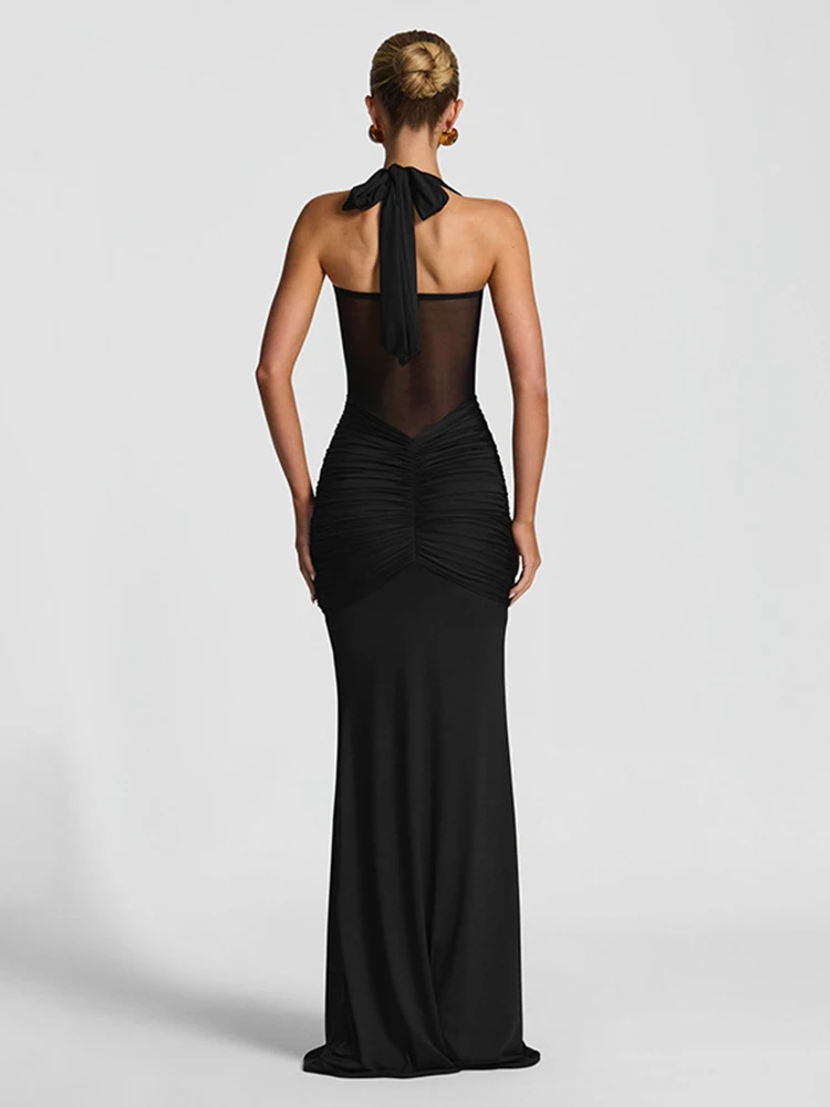 kliou Patchwork Elegante Donna Maxi Abito Classico Sexy Nastri trasparenti Halter Backless Aderente Tendenza femminile Festival Abiti da sera