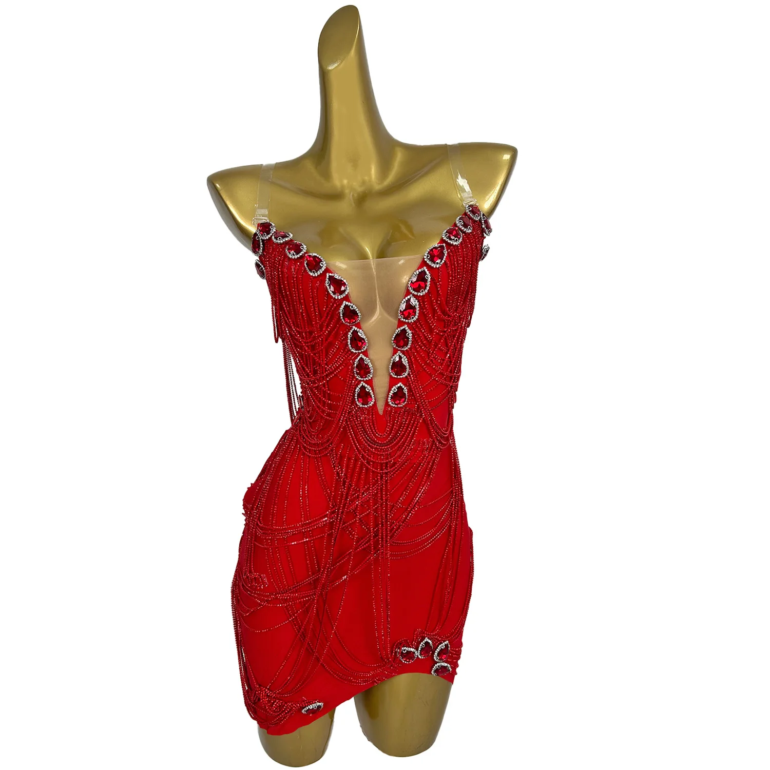 Sexy Red Rhinestone Camisole Dress Nightclub Club Party Night Dress Festival Celebration Birthday Party Performance Costume xiat