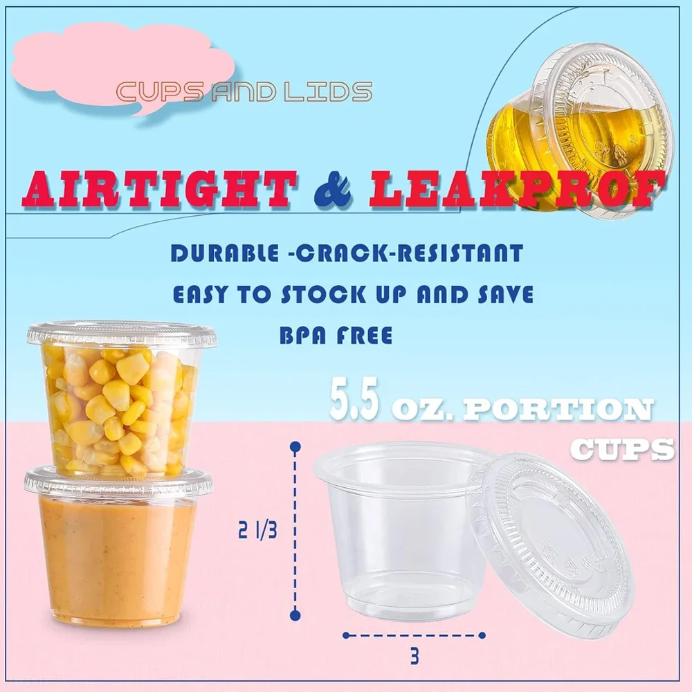 Portion Cups With Lids 5.5 oz Airtight, Stackable Souffle Cups, Salad Dressing & Sauce Containers for Lunch, Party, Trips 3