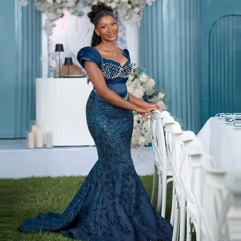 

Женские вечерние платья на день рождения Африканские женские кружевные платья для выпускного вечера с большими бусинами и жемчугом с короткими рукавами Вечернее платье русалки больших размеров