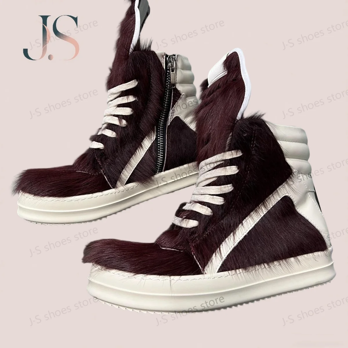

Ro Sneakers Wine Red Horsehair High Top Shoe Leather Boot Men Shoes ZIP Women Casual Sneaker Luxury Horse Hair Ankle Boots
