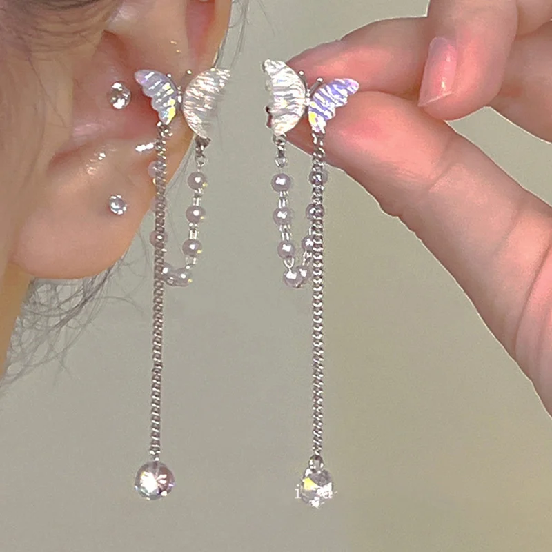 Y2K Fairy Zircon Shell Butterfly Tassel Ear Clips Angel Ear Bone Clip Earring Elf Female Pearl Dangle Earrings Fashion Jewelry