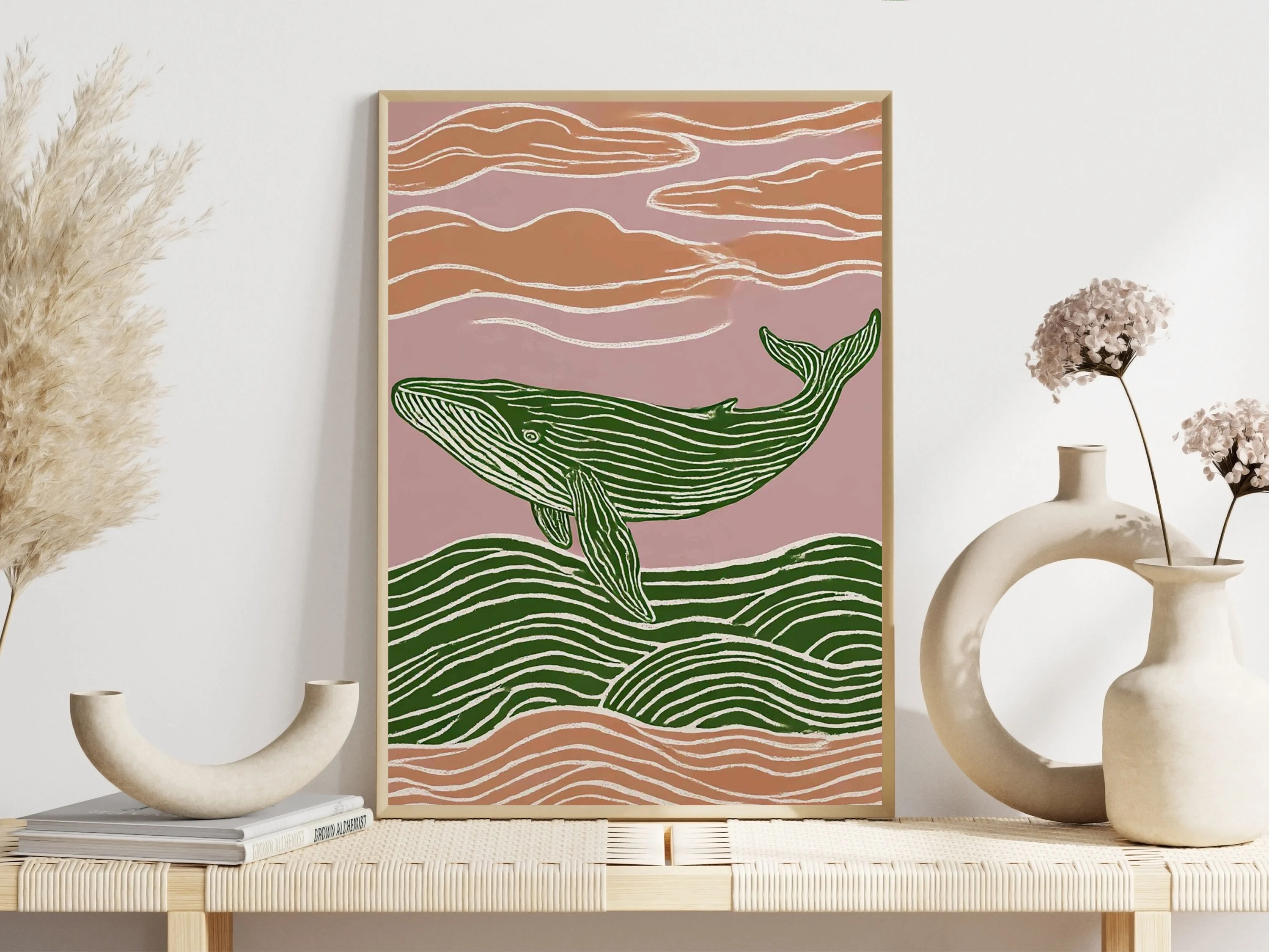 الحد الأدنى اليابانية الحوت الحياة البحرية الملصقات مجردة خط المطبوعات التقليدية حائط لوح رسم صور ديكور غرفة المعيشة المنزلي