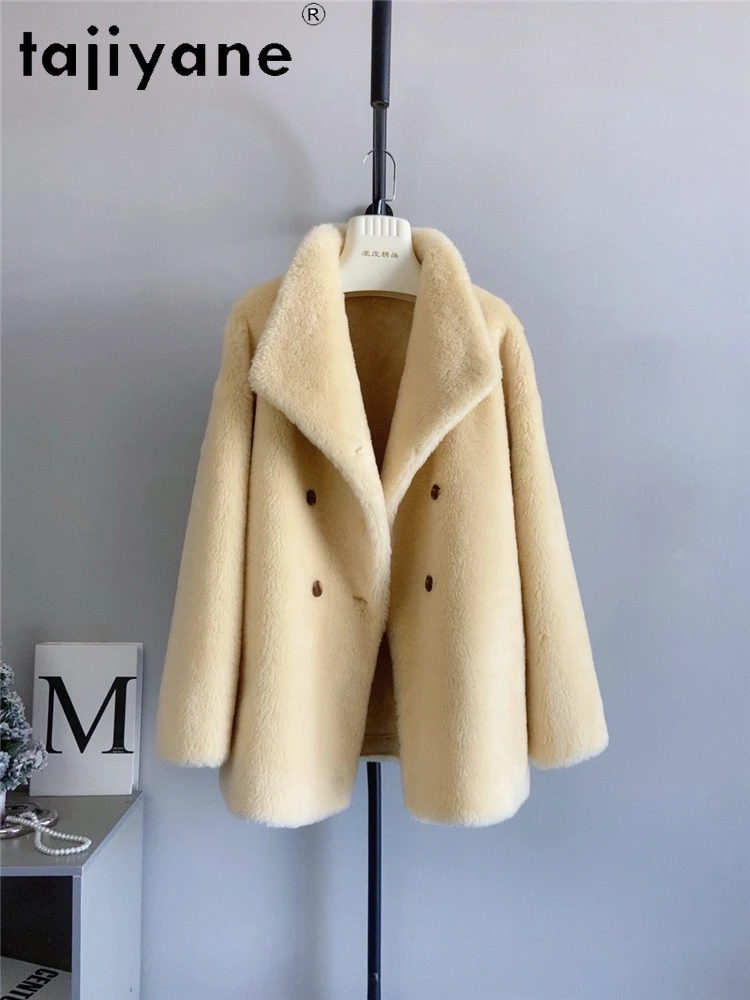 เสื้อโค้ทขนสัตว์แท้ 100% สำหรับผู้หญิง สไตล์เกาหลี สีเหลือง แจ็คเก็ตขนแกะ ฤดูหนาว 2025 เสื้อผ้าผู้หญิง