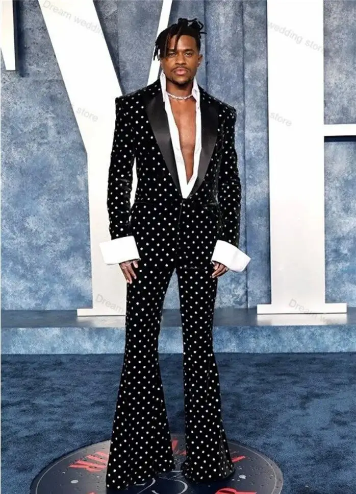 Custom Fashion Black velvet polka dot Wedding For Suits Men Formal Man Blazer Pant noir pur COSTUME homme Traje masculino 양복 세트남