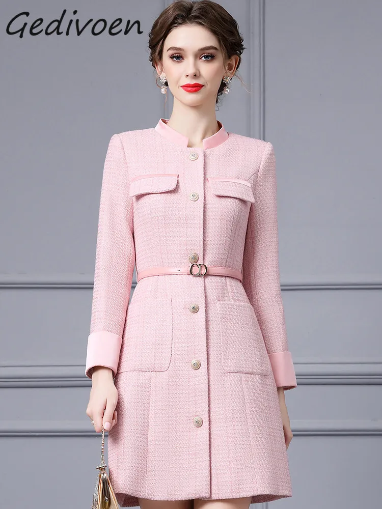 

Gedivoen Winter Fashion Runway Pink Vintage Party Dress Women Stand Collar Button Pockets Sashes Gathered Waist Slim Mini Dress