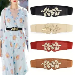 Women Belt Fashion Waist Cover Golden Leaf Elastic Waist Closure With Double Hook Buckle Wide Belts Paired With Skirt Lady Belt