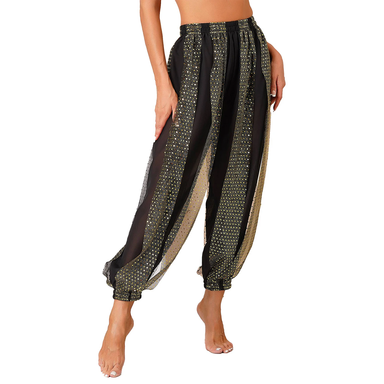 ชีฟอง Belly Dance Harem กางเกงคําฮาโลวีนโคมไฟ SHINY Sequins กางเกงแฟนซีกางเกง Bloomers กางเกงสําหรับเต้นรําผู้หญิง