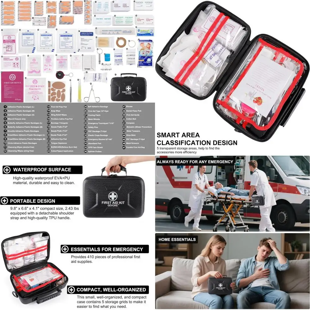 

410 Piece Waterproof Hard Shell First Aid Kit for Home, Car, Travel, Camping, Truck, Hiking, Sports, Office, Vehicle & Outdoor E