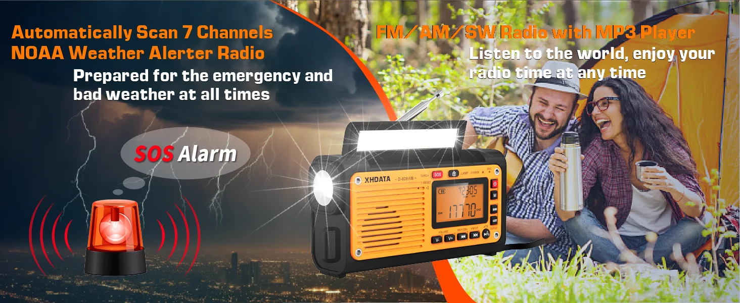 XHDATA D-608WB Notfall-Wetterradio mit Kurbel, FM/AM/SW/NOAA-Alarm, tragbares Radio mit Telefonladegerät, Bluetooth, batteriebetrieben – Detail 6