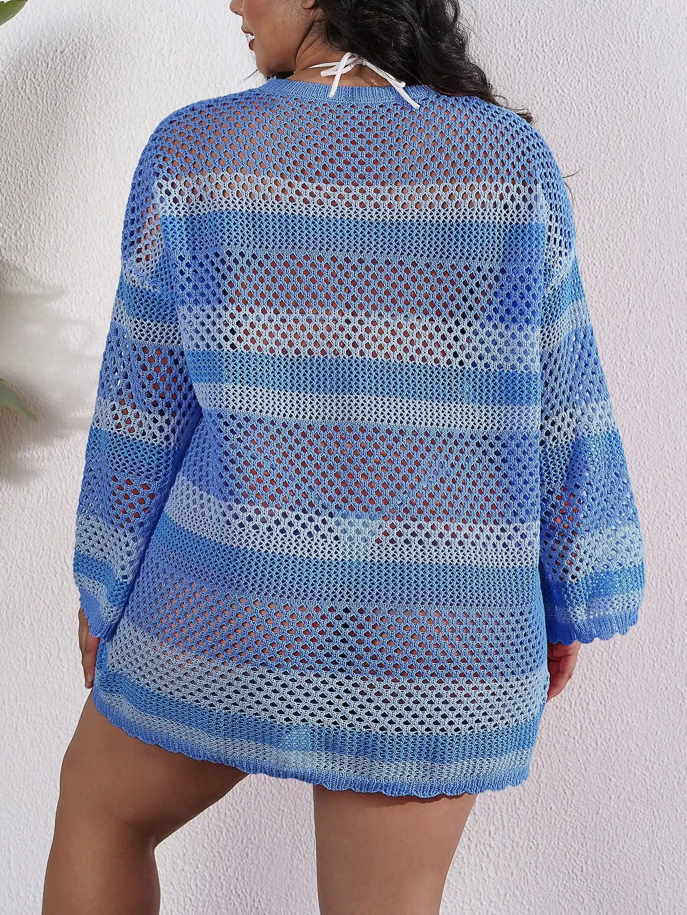 

Plus Size Long Sleeve Loose Gradient Blue Hollow Beach Cover Up For Summer