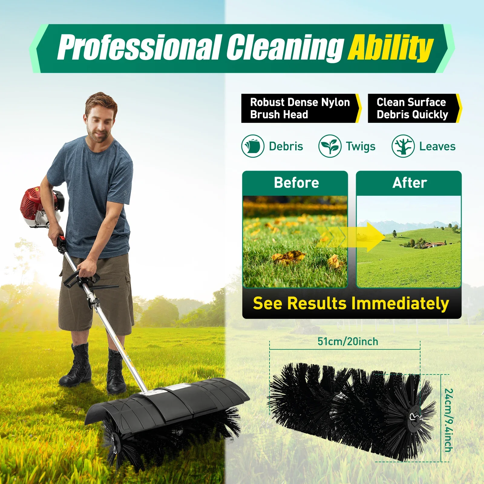 

52CC Walk Behind Hand Held Gas Power Sweeping Broom Lawn Sweeper Detachable for Artificial Grass Yard Patio Driveway Cleaning