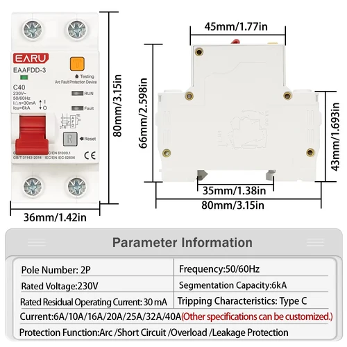 Imagen 2 del producto Dispositivo Protector de fallos de arco AFCI 2P AC230V, disyuntor RCBO MCB, sobrecarga interrumpida, fuga a tierra, protección contra cortocircuitos