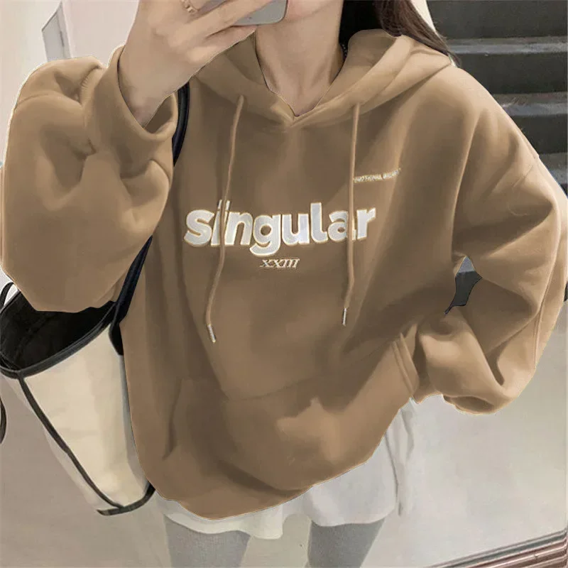 Autumn Winter Hoodies Women Letter Print Sweatshirts Oversized Thick Velvet Hooded Pullovers Coat Casual Loose Couple Streetwear