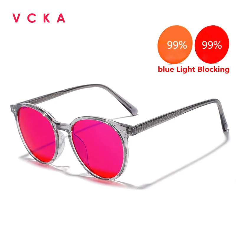 VCKA 99% Blue Light Blocking TR90 Round Fashion Women Men Red Orange Lens Glasses Anti Fatigue Goggles Gaming Computer Eyewear