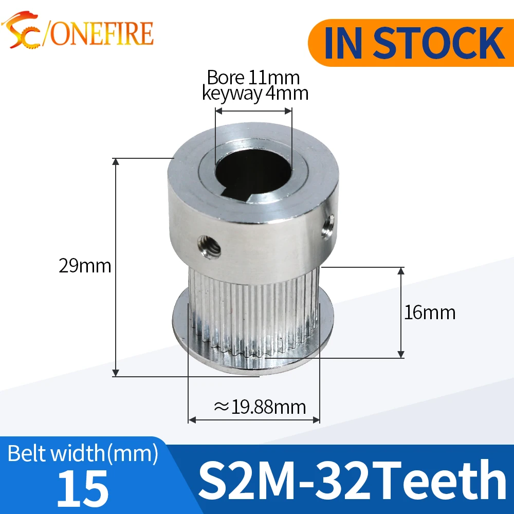 S2M 32 Teeth Synchronous Timing Pulley Bore 11mm keyway 4mm for Width 15mm Belt S2M-32 Teeth Timing Pulley